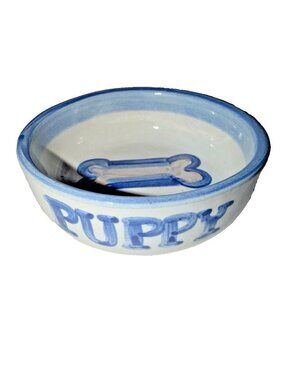 Vtg M A Hadley Puppy Dog 4-1/2" Handmade Hand Painted Pottery Food Water Bowl